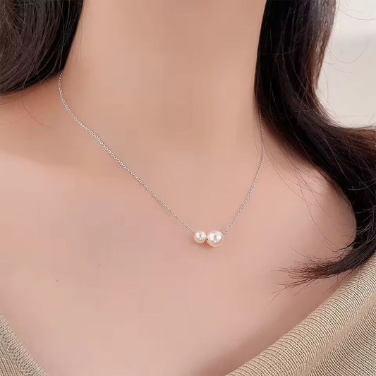 Seulement Freshwater Non-Nucleated AK Natural Double Pearl Pendant for Women Simple 925 Sterling Silver Chain Necklace Jewelry