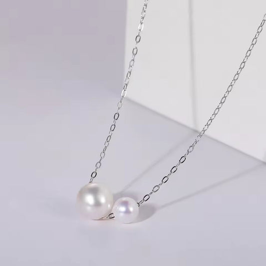 Seulement Freshwater Non-Nucleated AK Natural Double Pearl Pendant for Women Simple 925 Sterling Silver Chain Necklace Jewelry